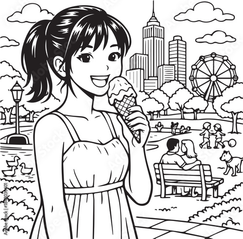 A cartoon vector illustration of a young lady in a dress eating cake and drinking coffee with her cat at a cafe