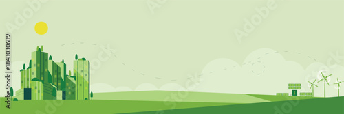 Green sustainable city landscape illustration featuring modern eco buildings, renewable energy sources, wind turbines, solar panels, and clean power infrastructure. Concept of environmental protect