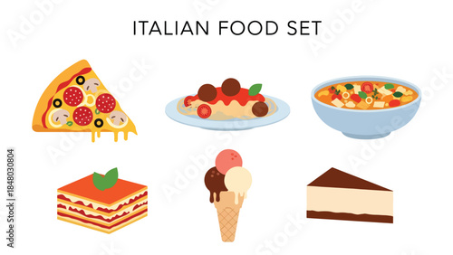 Italian food set with pizza, pasta, tomato, basil, cheese & olive oil. Perfect for menus, apps, websites & culinary designs. Flat vector illustrations