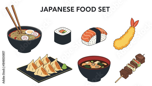 Japanese food set featuring sushi, ramen, tempura, dumplings, takoyaki & edamame. Perfect for menus, apps, websites & culinary designs. Flat vector illustrations