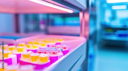 Wallpaper Mural Array of small chilled boxes containing multiple samples under pink and blue laboratory lighting for scientific research and storage Torontodigital.ca