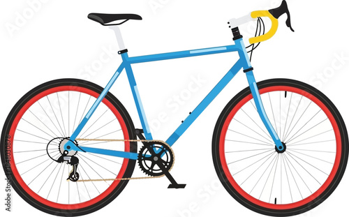 Detailed illustration of a blue road bike with red rims on transparent background