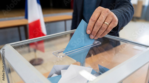 Close-up of a voter's hand casting a ballot into a transparent box during an election in France. Blue envelope being inserted with a blurred French flag in the background at a polling station.