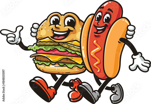 Cartoon of hot dog and burger walking together