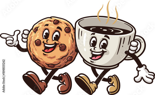 Cartoon coffee cup and cookies walking together