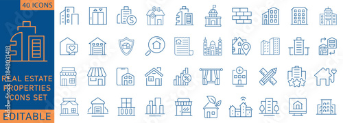 Real estate Properties Line icon set. Containing, Urban architecture, skyscraper, building, and more. Outline Icon Collection. Fully Editable . Vector illustration.