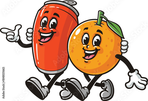 Cartoon of orange and soft drink can walking together