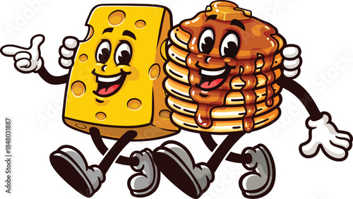 Cheese and pancake cartoon are walking together