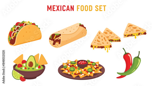 Vibrant Mexican food set: tacos, burritos, nachos, quesadillas, guacamole & elote. Perfect for menus, apps, websites & culinary designs. Flat vector illustrations
