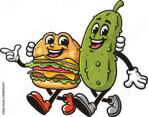 Cartoon of burger and pickle walking together