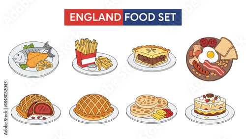 English food set featuring fish & chips, full breakfast, shepherd's pie, scones & pie. Ideal for menus, apps, websites & culinary designs. Flat vector illustrations
