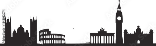 European Capital Skylines Vector Set London, Paris, Rome, Berlin, and Madrid Silhouettes