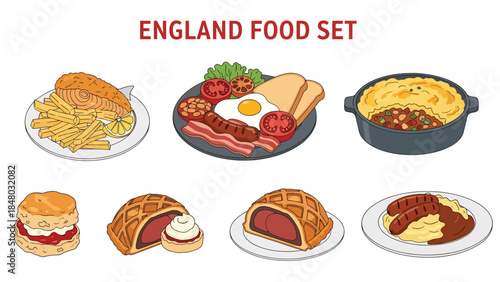 English food set featuring fish & chips, full breakfast, shepherd's pie, scones & pie. Ideal for menus, apps, websites & culinary designs. Flat vector illustrations