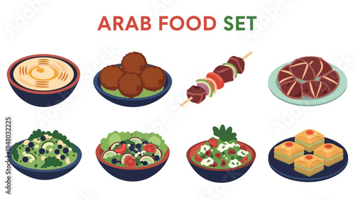 Arab food set featuring hummus, falafel, kebab, baklava & salads. Ideal for menus, apps, websites & culinary designs. Flat vector illustrations