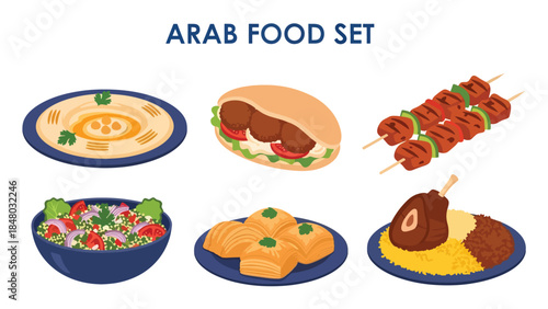 Arab food set featuring hummus, falafel, kebab, baklava & salads. Ideal for menus, apps, websites & culinary designs. Flat vector illustrations