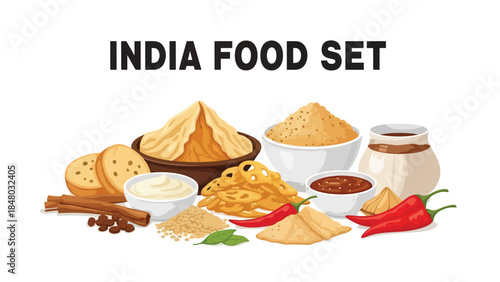 Indian food set featuring curry, samosa, biryani, naan, dal & gulab jamun. Perfect for menus, apps, websites & culinary designs. Flat vector illustrations