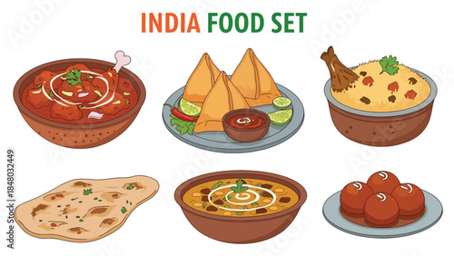 Indian food set featuring curry, samosa, biryani, naan, dal & gulab jamun. Perfect for menus, apps, websites & culinary designs. Flat vector illustrations
