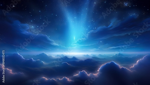 ethereal blue light forms in night sky above clouds