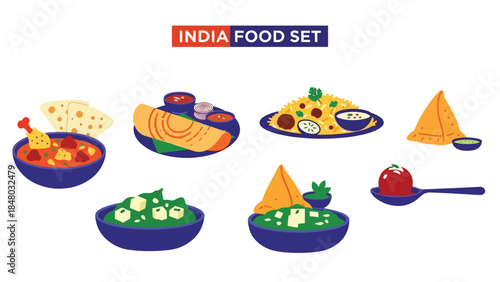 Indian food set featuring curry, samosa, biryani, naan, dal & gulab jamun. Perfect for menus, apps, websites & culinary designs. Flat vector illustrations
