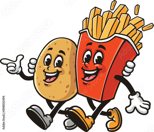 Cartoon potato and french fries walking together