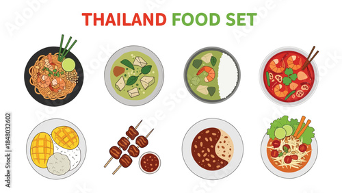 Thai food set with Tom Yum, Pad Thai, green curry, mango sticky rice & satay. Perfect for menus, apps, websites & culinary designs. Flat vector illustrations