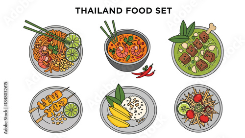 Thai food set with Tom Yum, Pad Thai, green curry, mango sticky rice & satay. Perfect for menus, apps, websites & culinary designs. Flat vector illustrations