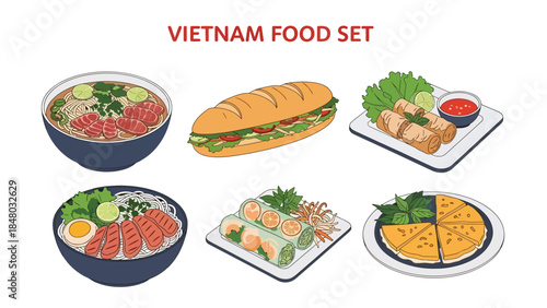 Vietnam food set featuring Pho, Banh Mi, Goi Cuon, Bun Cha, Banh Xeo & Ca Kho To. Ideal for menus, apps, websites & culinary designs. Flat vector illustrations