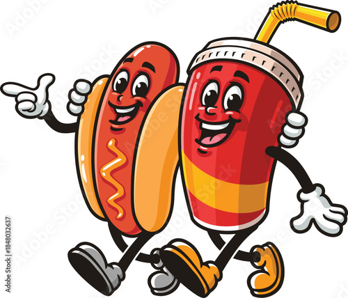 Cartoon of hot dog and soft drink cup walking together