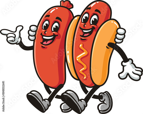 Cartoon of hot dog and sausage walking together