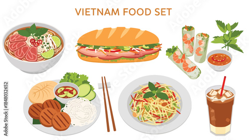 Vietnam food set featuring Pho, Banh Mi, Goi Cuon, Bun Cha, Banh Xeo & Ca Kho To. Ideal for menus, apps, websites & culinary designs. Flat vector illustrations