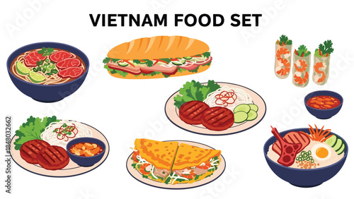 Vietnam food set featuring Pho, Banh Mi, Goi Cuon, Bun Cha, Banh Xeo & Ca Kho To. Ideal for menus, apps, websites & culinary designs. Flat vector illustrations