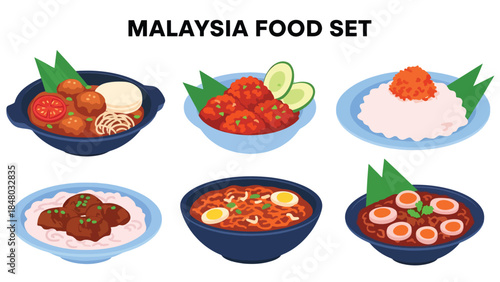 Malaysia food set featuring Satay, Laksa, Nasi Lemak & more. Perfect for menus, apps, websites & culinary designs. Flat vector illustrations