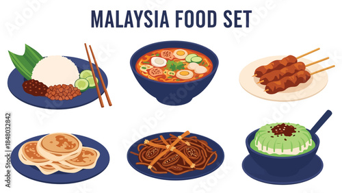 Malaysia food set featuring Satay, Laksa, Nasi Lemak & more. Perfect for menus, apps, websites & culinary designs. Flat vector illustrations