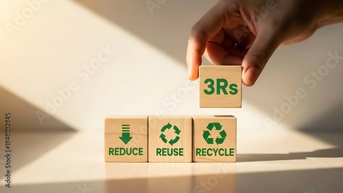 Hand placing 3rs block on top of reduce reuse recycle wooden blocks