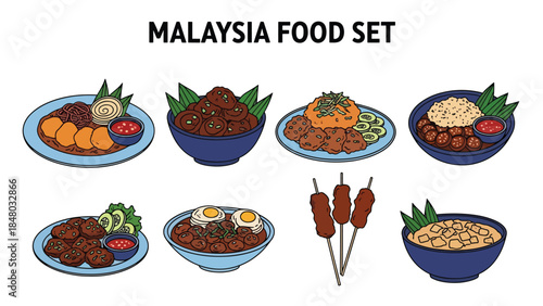 Malaysia food set featuring Satay, Laksa, Nasi Lemak & more. Perfect for menus, apps, websites & culinary designs. Flat vector illustrations