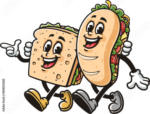 Cartoon sandwich and sub sandwich are walking together