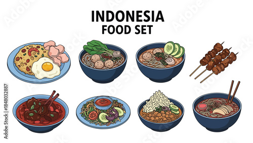Indonesia food set with Nasi Goreng, Bakso, Sate, Rendang & more. Perfect for menus, apps, websites & culinary designs. Flat vector illustrations