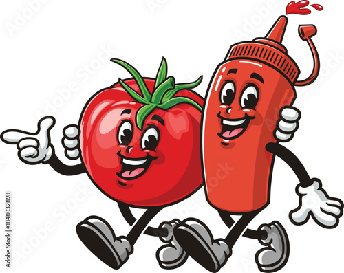 Cartoon of tomato and ketchup bottle walking together