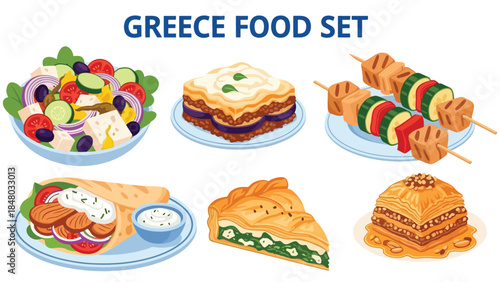 Greek food set featuring Moussaka, Gyro, Souvlaki, Greek Salad & Spanakopita. Perfect for menus, apps, websites & culinary designs. Flat vector illustrations