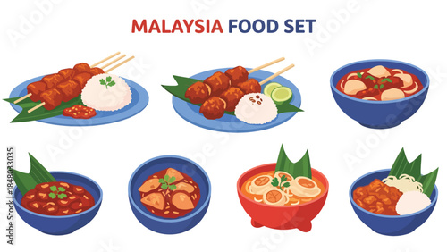 Malaysia food set featuring Satay, Laksa, Nasi Lemak & more. Perfect for menus, apps, websites & culinary designs. Flat vector illustrations