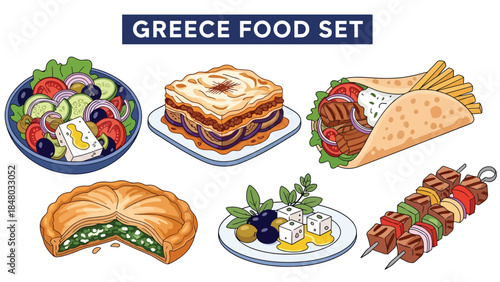 Greek food set featuring Moussaka, Gyro, Souvlaki, Greek Salad & Spanakopita. Perfect for menus, apps, websites & culinary designs. Flat vector illustrations