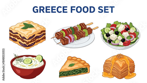 Greek food set featuring Moussaka, Gyro, Souvlaki, Greek Salad & Spanakopita. Perfect for menus, apps, websites & culinary designs. Flat vector illustrations