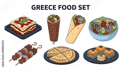 Greek food set featuring Moussaka, Gyro, Souvlaki, Greek Salad & Spanakopita. Perfect for menus, apps, websites & culinary designs. Flat vector illustrations
