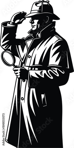 Black and white illustration of classic detective character with magnifying glass symbolizing mystery, investigation, and crime-solving