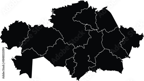 Black silhouette map of Kazakhstan with internal regional borders for geographic, political, and educational visualization