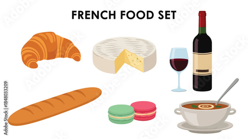 French food set featuring Croissant, Crème Brûlée, Baguette, Escargot, Cheese Platter & Bouillabaisse. Perfect for menus, apps, websites & culinary designs