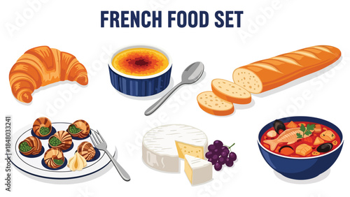 French food set featuring Croissant, Crème Brûlée, Baguette, Escargot, Cheese Platter & Bouillabaisse. Perfect for menus, apps, websites & culinary designs