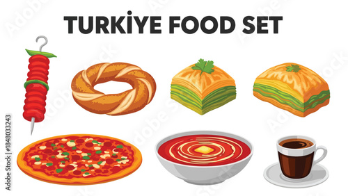 Turkish food set featuring Simit, Meze platter, Kebab sandwich, Baklava, Lentil soup & Turkish coffee. Perfect for menus, apps, websites & culinary designs
