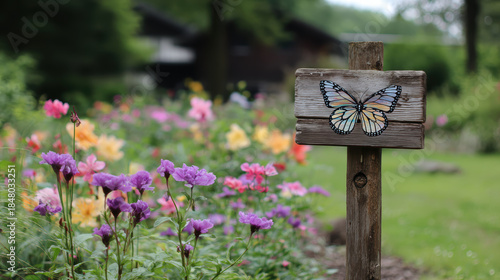 Fototapeta Naklejka Na Ścianę i Meble -  Butterfly sign wooden post garden colorful flower spring nature outdoor meadow rustic countryside wildflower blooming summer green floral park