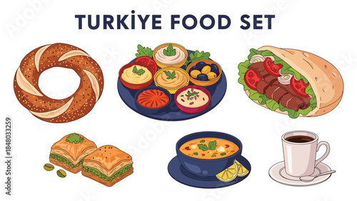 Turkish food set featuring Simit, Meze platter, Kebab sandwich, Baklava, Lentil soup & Turkish coffee. Perfect for menus, apps, websites & culinary designs